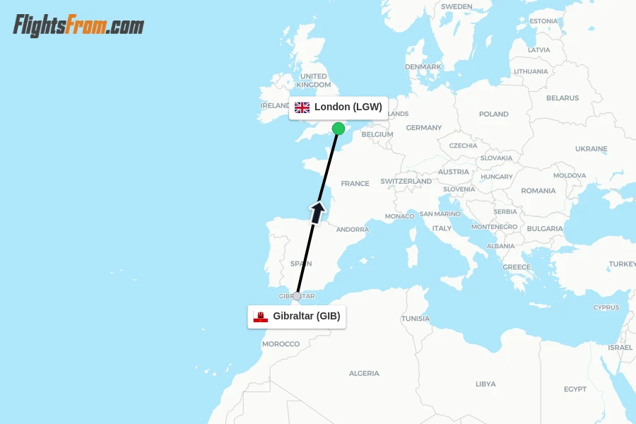 Flights from Gibraltar to London route map