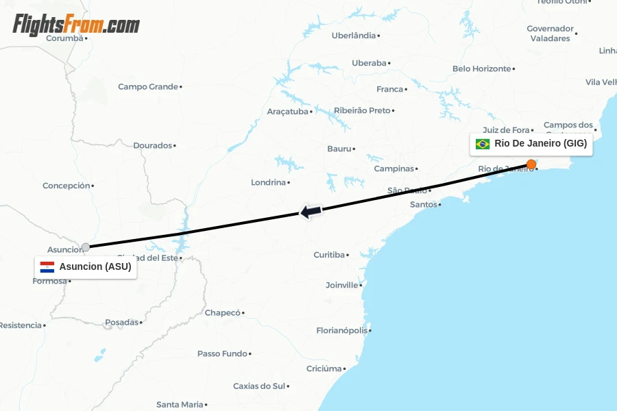Flights from Rio De Janeiro to Asuncion route map