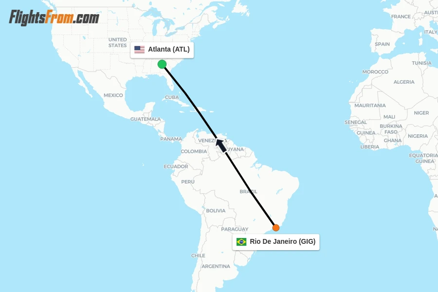 Flights from Rio De Janeiro to Atlanta route map