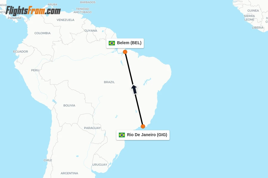 Flights from Rio De Janeiro to Belem route map