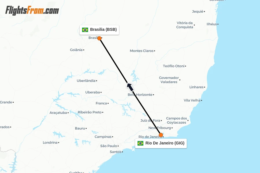 Flights from Rio De Janeiro to Brasilia route map