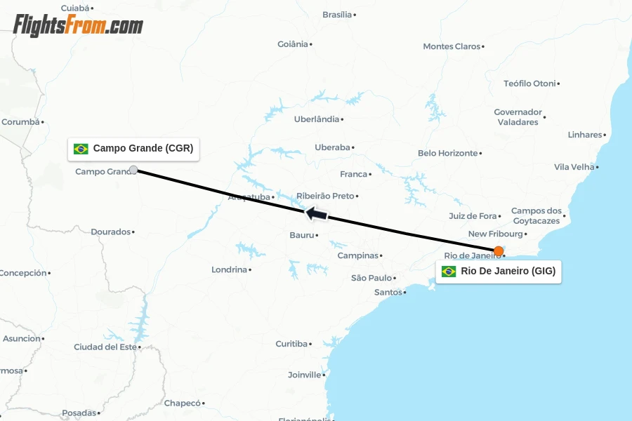 Flights from Rio De Janeiro to Campo Grande route map