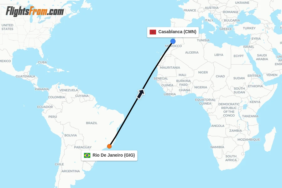 Flights from Rio De Janeiro to Casablanca route map