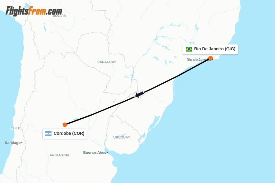 Flights from Rio De Janeiro to Cordoba route map