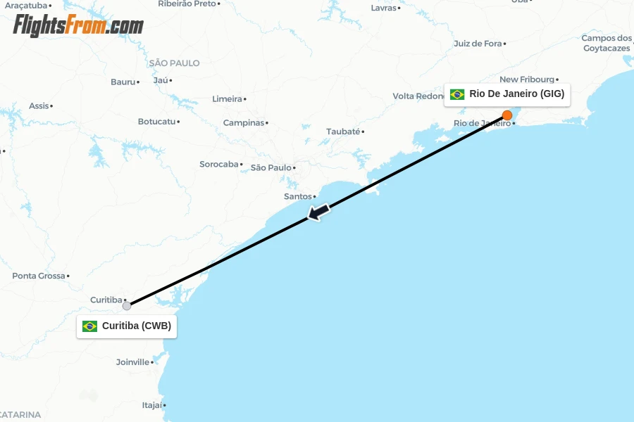 Flights from Rio De Janeiro to Curitiba route map