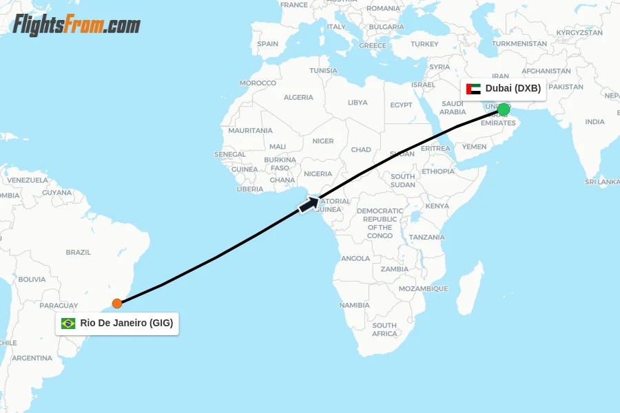 Flights from Rio De Janeiro to Dubai route map