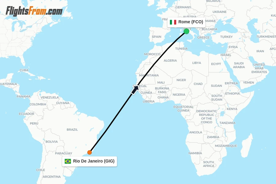 Flights from Rio De Janeiro to Rome route map