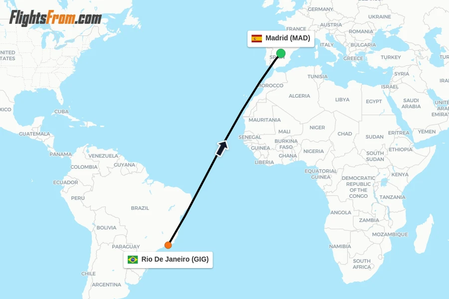 Flights from Rio De Janeiro to Madrid route map