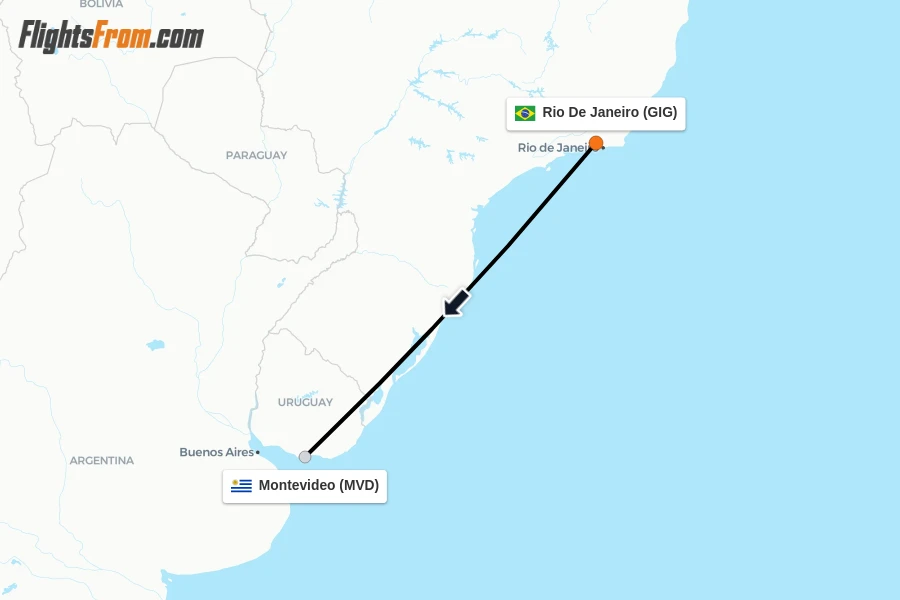 Flights from Rio De Janeiro to Montevideo route map