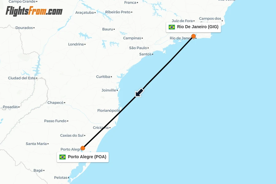 Flights from Rio De Janeiro to Porto Alegre route map
