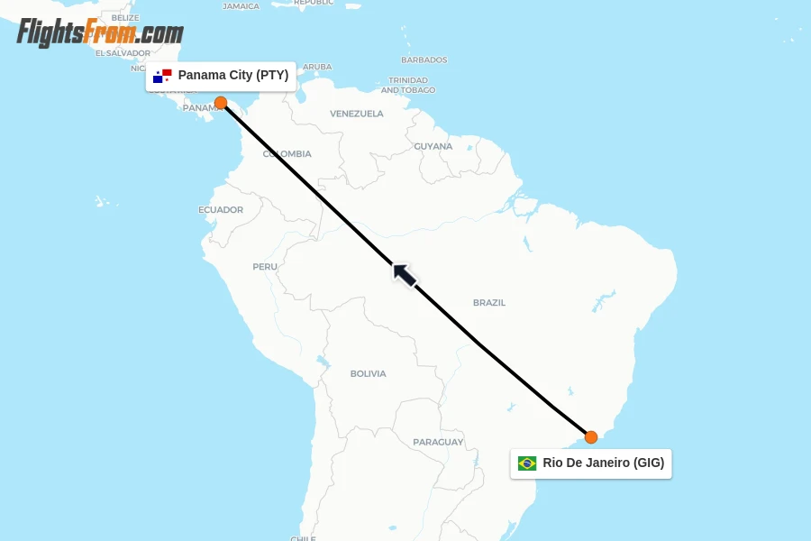 Flights from Rio De Janeiro to Panama City route map