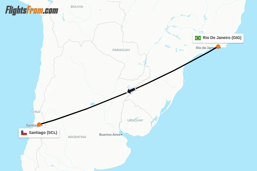 Flights from Rio De Janeiro to Santiago route map