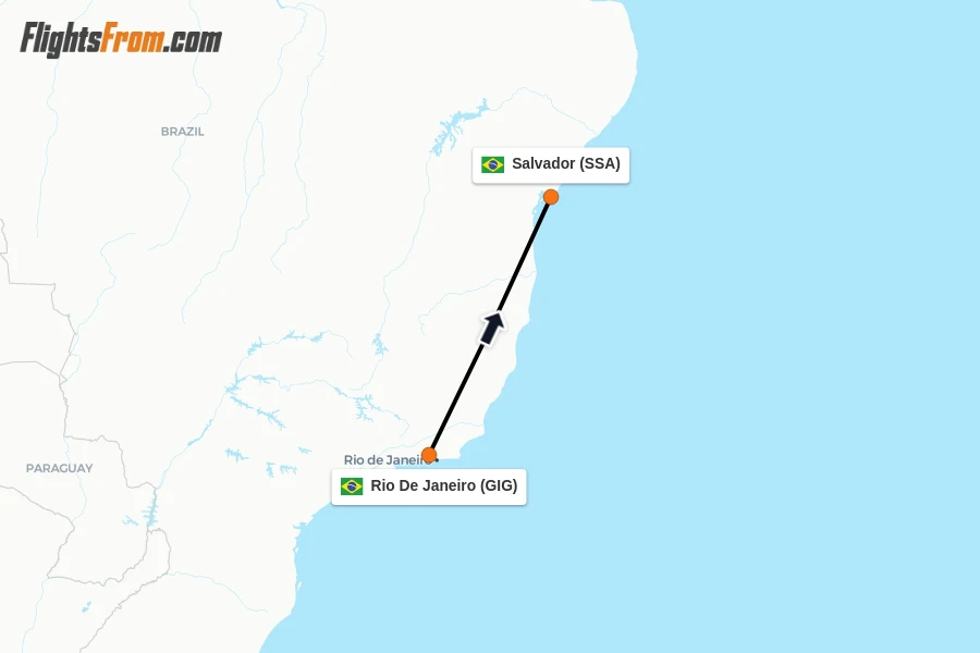 Flights from Rio De Janeiro to Salvador route map