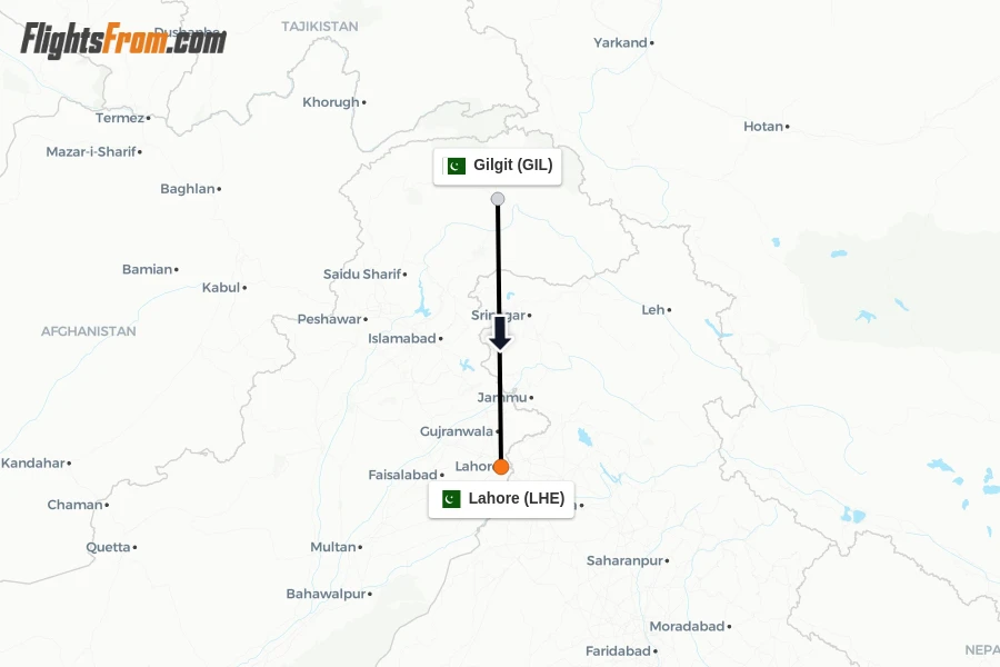 Flights from Gilgit to Lahore route map