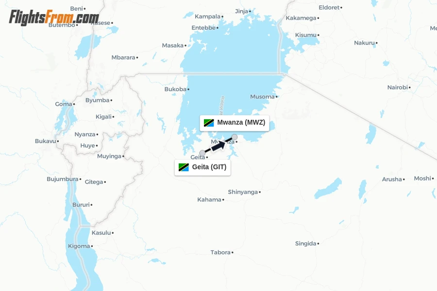 Flights from Geita to Mwanza route map