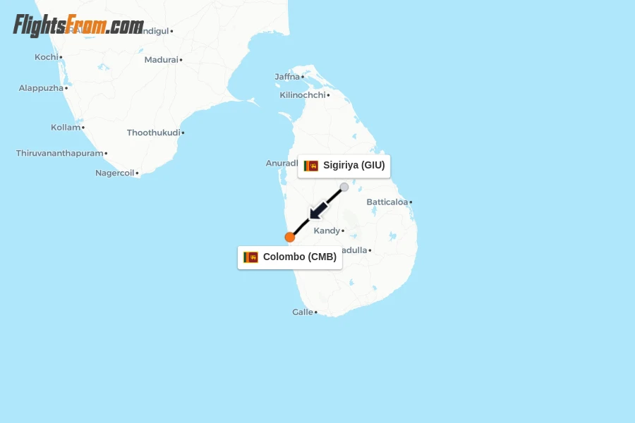 Flights from Sigiriya to Colombo route map