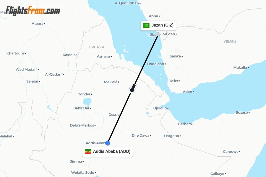 Flights from Jazan to Addis Ababa route map