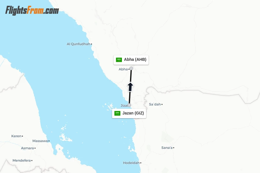 Flights from Jazan to Abha route map