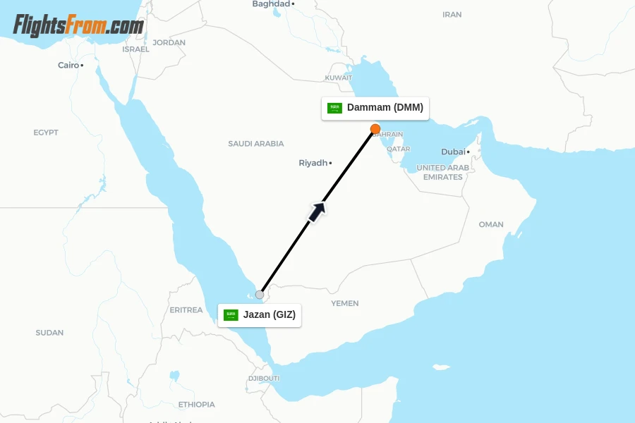Flights from Jazan to Dammam route map