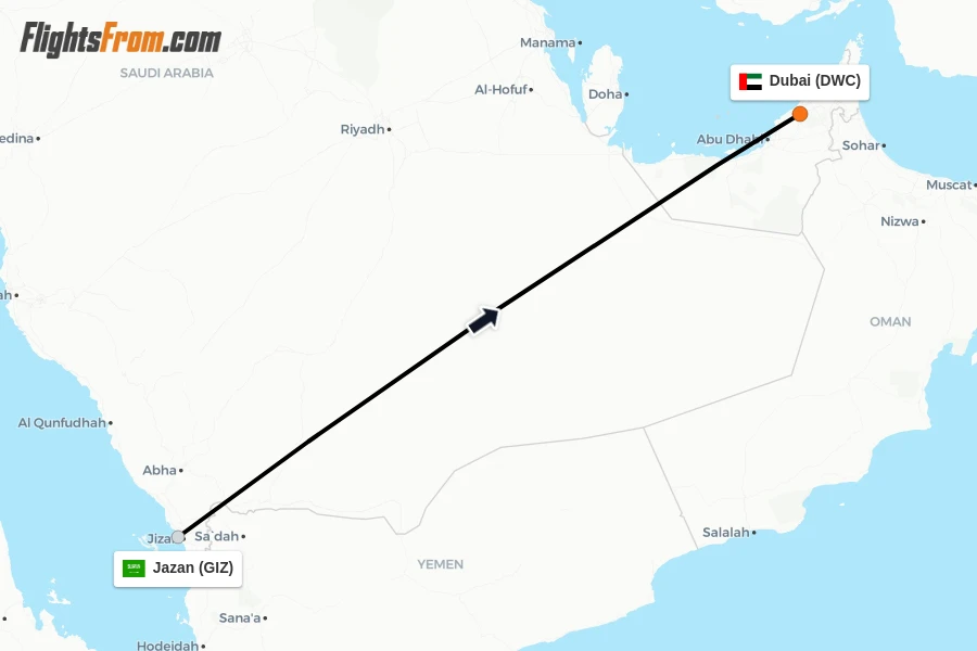 Flights from Jazan to Dubai route map