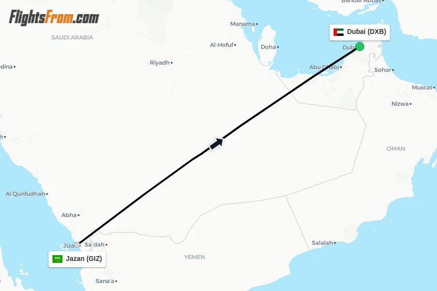 Flights from Jazan to Dubai route map