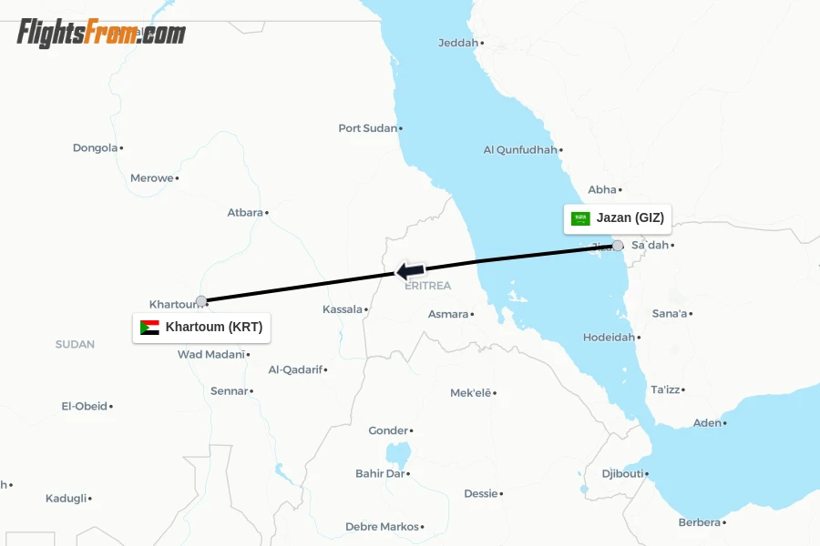 Flights from Jazan to Khartoum route map