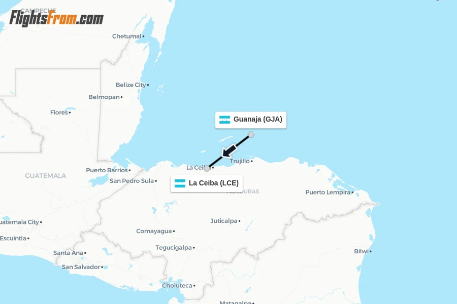 Flights from Guanaja to La Ceiba route map