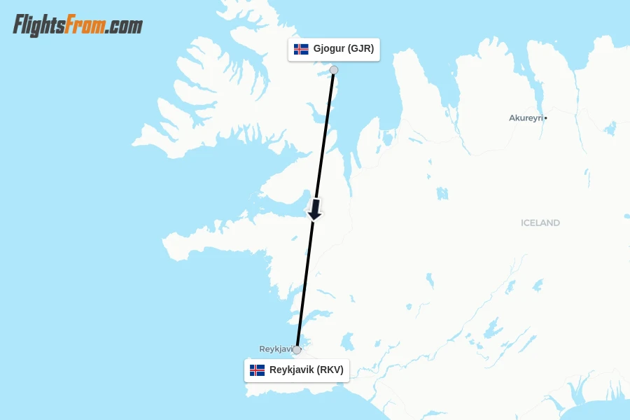 Flights from Gjogur to Reykjavik route map