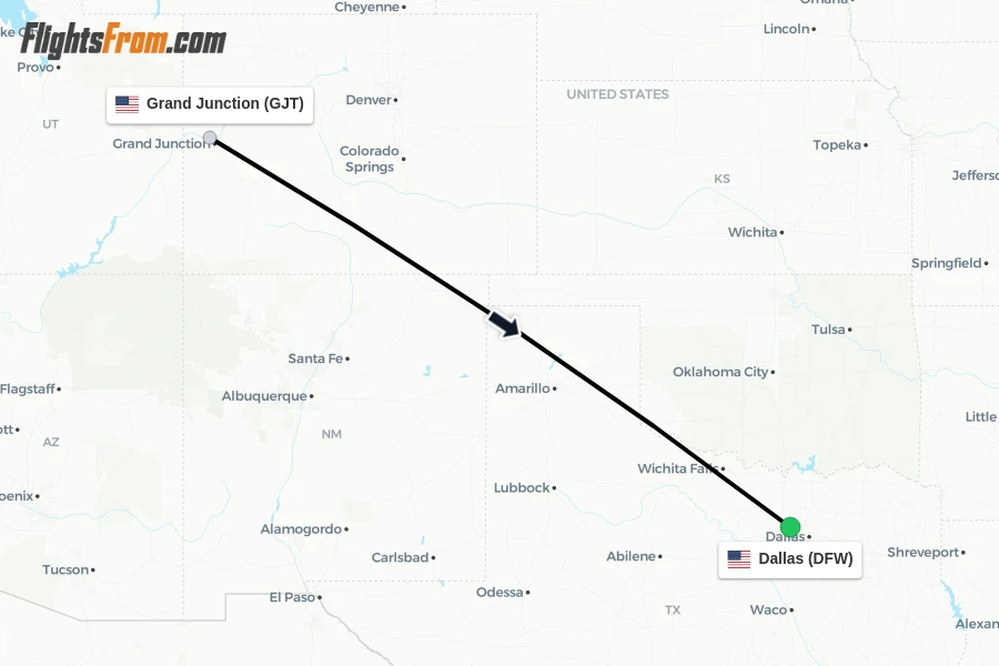 Flights from Grand Junction to Dallas route map
