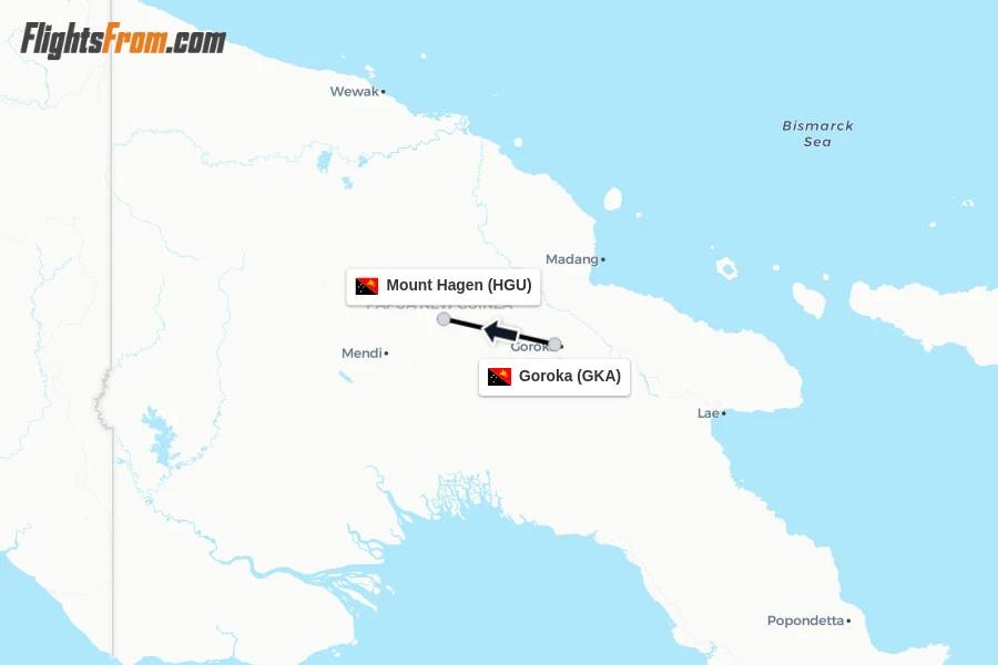 Flights from Goroka to Mount Hagen route map