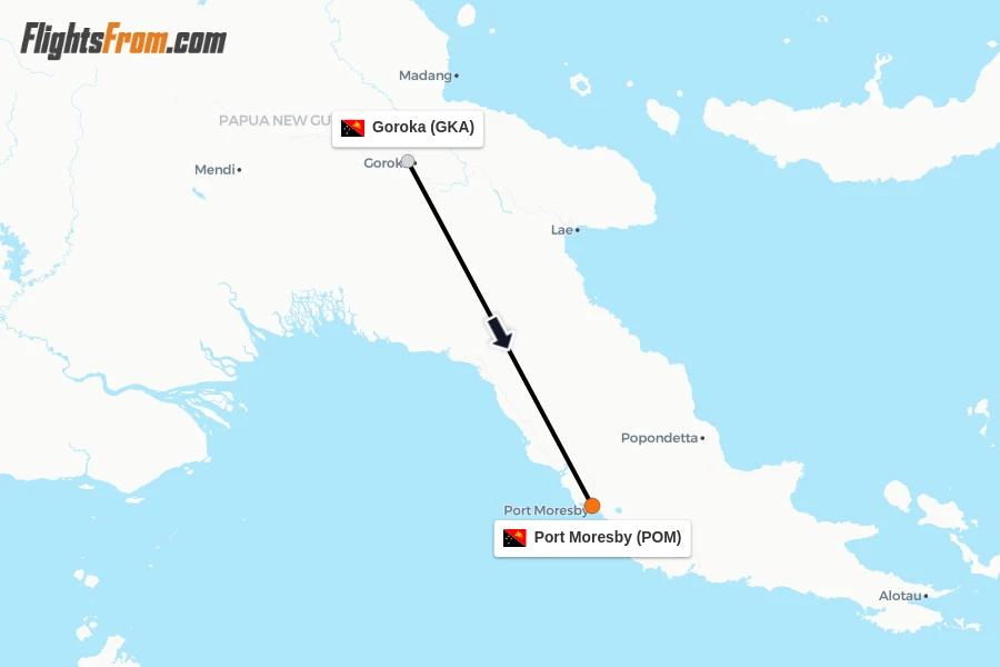 Flights from Goroka to Port Moresby route map