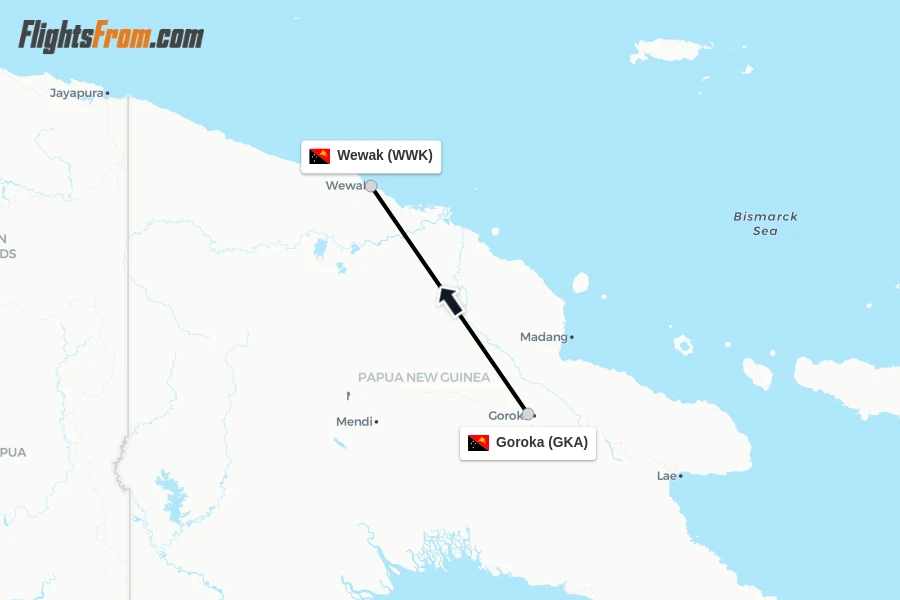 Flights from Goroka to Wewak route map