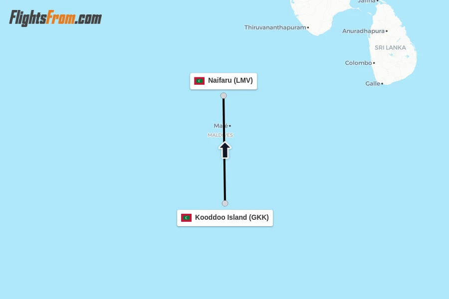 Flights from Kooddoo Island to Naifaru route map