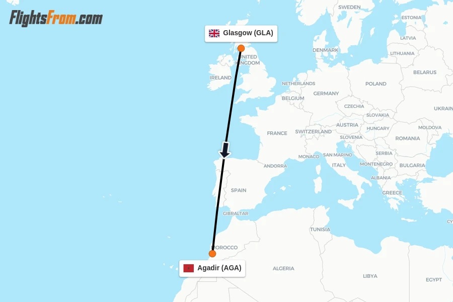 Flights from Glasgow to Agadir route map