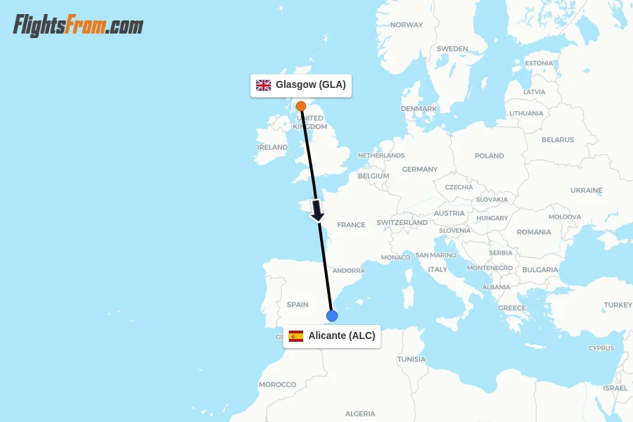 Flights from Glasgow to Alicante route map