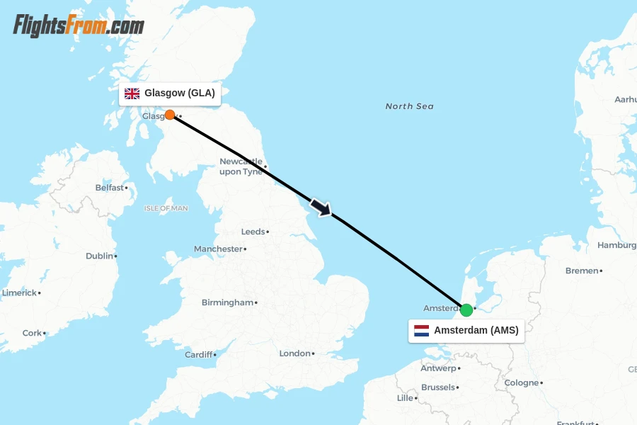 Flights from Glasgow to Amsterdam route map