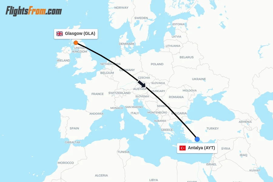 Flights from Glasgow to Antalya route map