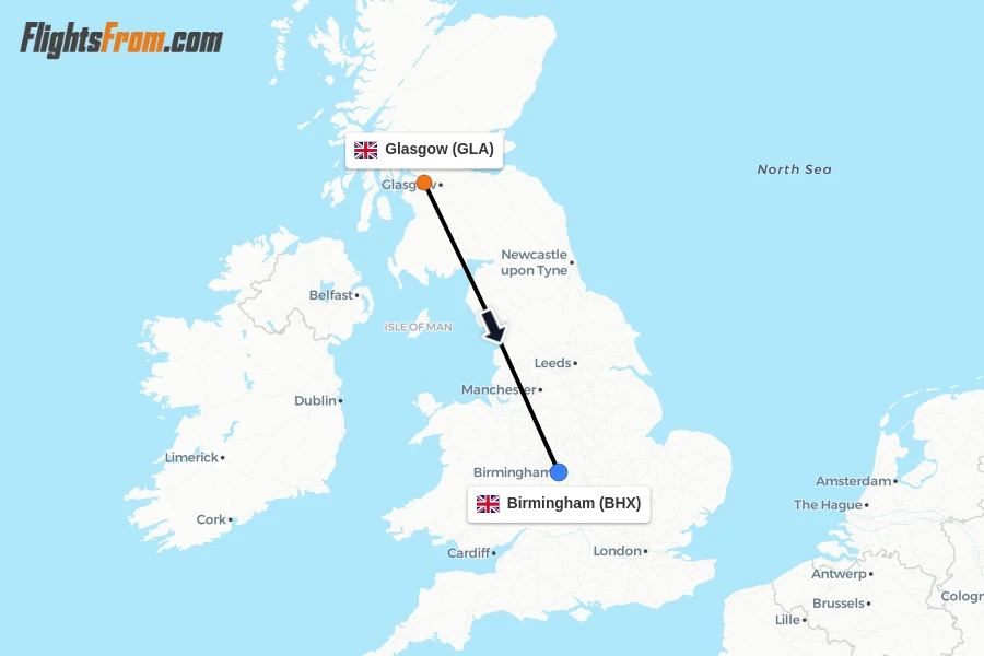 Flights from Glasgow to Birmingham route map