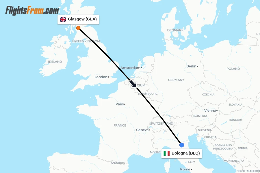Flights from Glasgow to Bologna route map