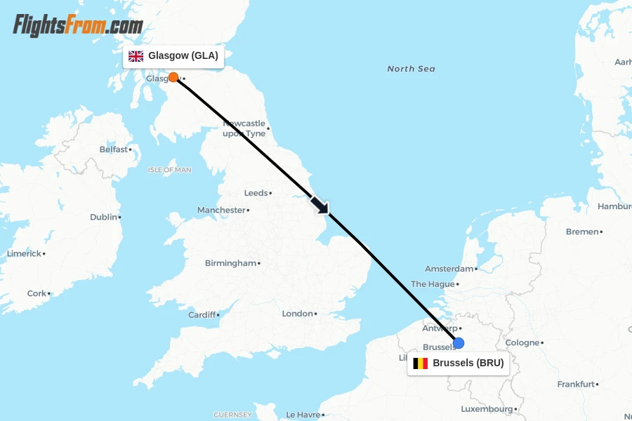 Flights from Glasgow to Brussels route map