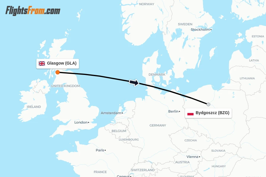 Flights from Glasgow to Bydgoszcz route map
