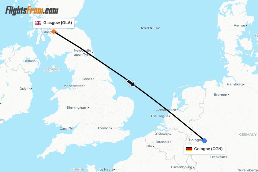 Flights from Glasgow to Cologne route map