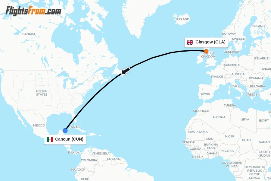 Flights from Glasgow to Cancun route map