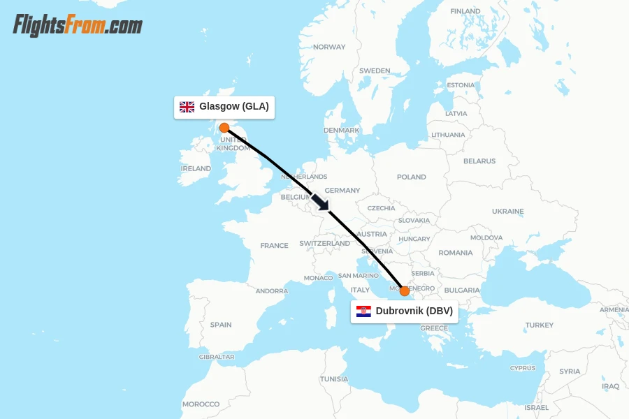 Flights from Glasgow to Dubrovnik route map