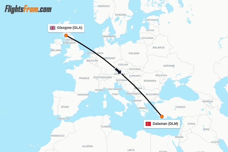Flights from Glasgow to Dalaman route map
