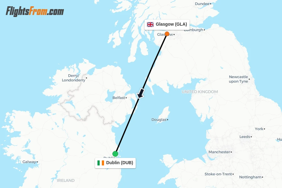 Flights from Glasgow to Dublin route map