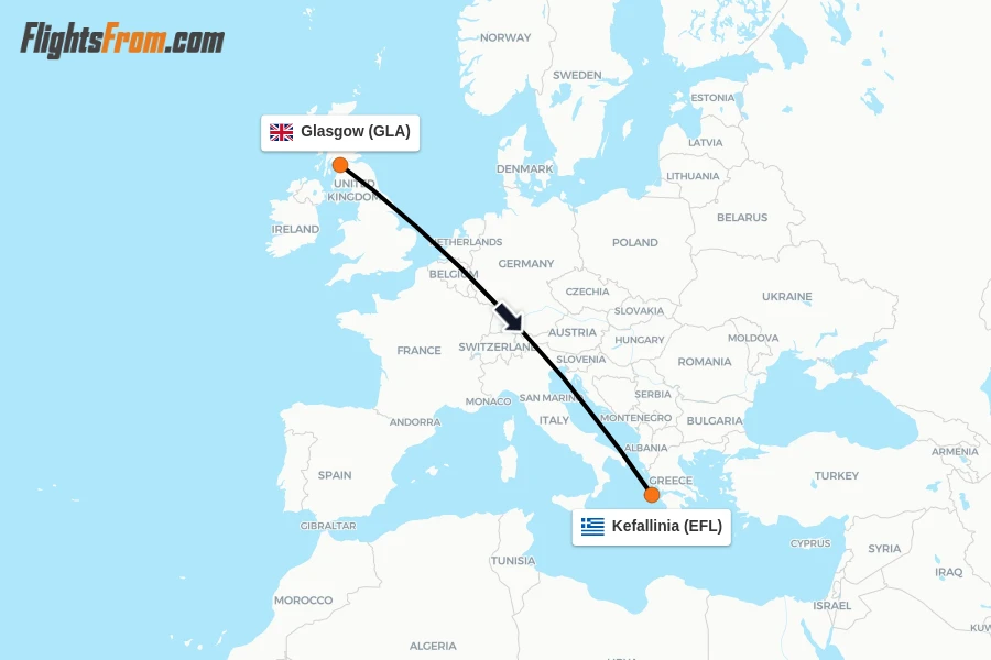 Flights from Glasgow to Kefallinia route map