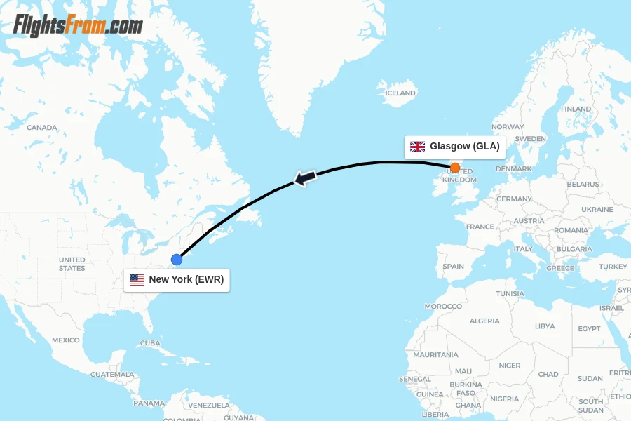 Flights from Glasgow to New York route map
