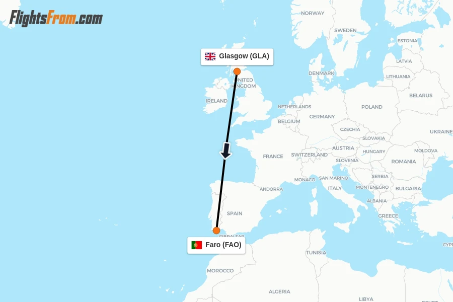 Flights from Glasgow to Faro route map
