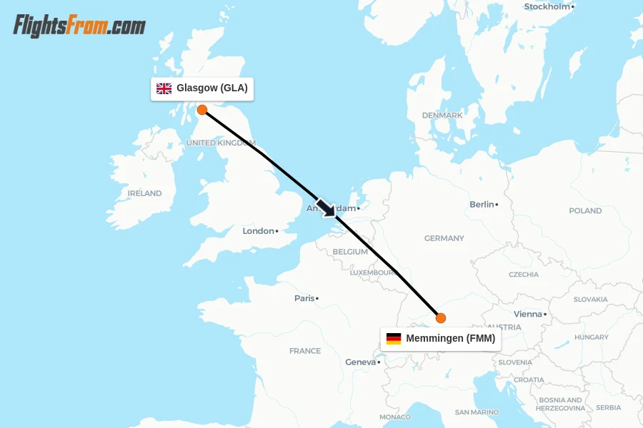 Flights from Glasgow to Memmingen route map